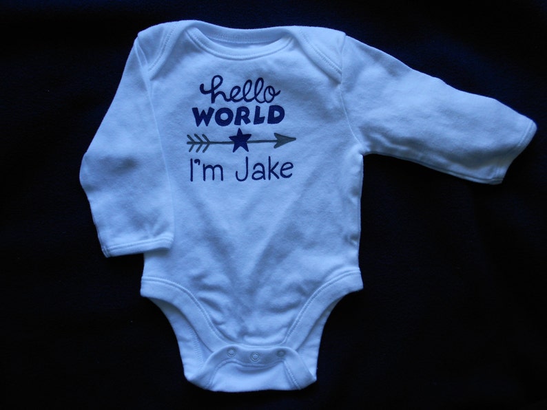 Hello World Bodysuit,Welcome Home Baby Boy,Arrow Personalized,Hello I/'m New Here,Take home Hospital Outfit,Baby Boy Shower Gift