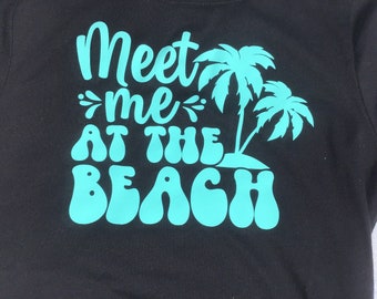 Toddler Black Beach Shirt, Meet me at the Beach,Beach Shirt,Aqua Writing,Palm Tree Beach  kids Shirt