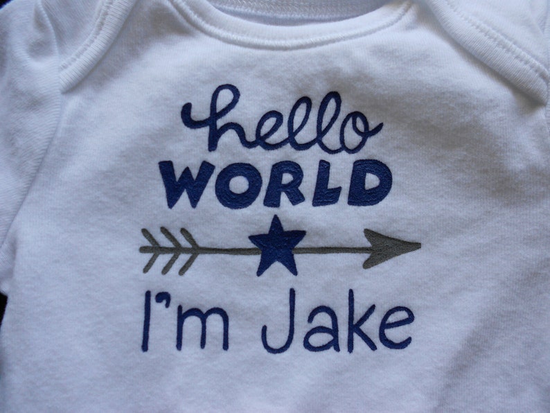 Hello World Bodysuit,Welcome Home Baby Boy,Arrow Personalized,Hello I/'m New Here,Take home Hospital Outfit,Baby Boy Shower Gift
