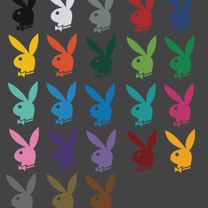 May include: A collection of colorful bunny head logos in various shades, including black, white, red, and yellow, each with a bow tie. The logos are arranged on a dark gray background.