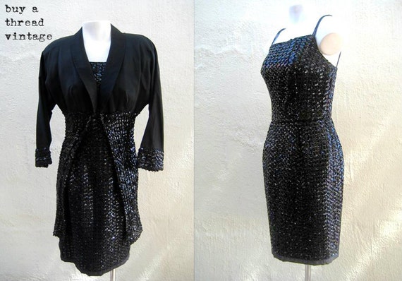 Vintage Ann Barry Black Sequined Soutache Cocktai