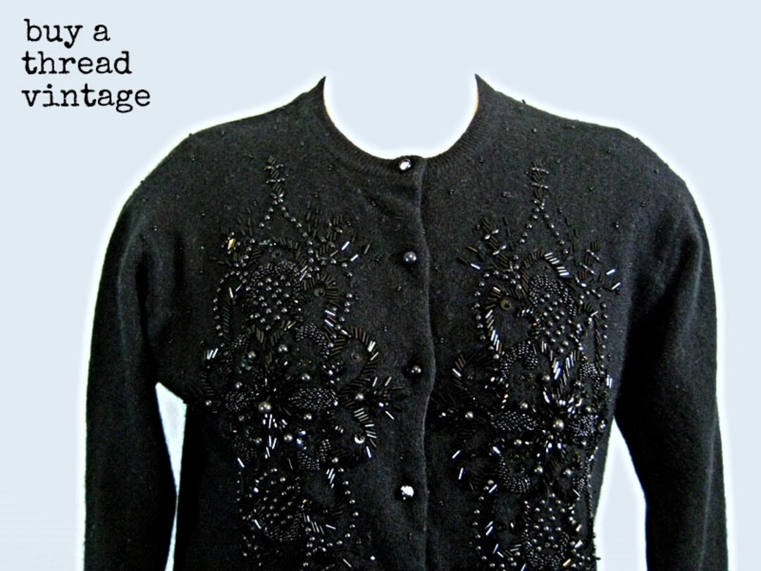Vintage 60s Black Beaded Cardigan by Jubiani - Etsy