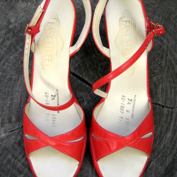 Vintage Vegan Peep Toe Platform Cherry Red  Retro Heels