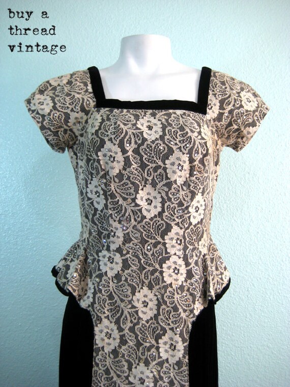 Vintage 50s Velvet and Lace Peplum Evening dress