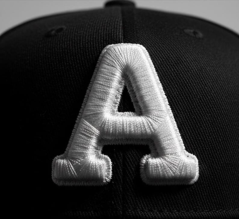 以下が含まれることがあります： 前面に大きな白い刺繍文字「A」が付いた黒い野球帽。 「A」は、テクスチャ加工された隆起したデザインでステッチされています。 キャップは濃い色の生地でできており、詳細な刺繍に焦点が当てられています。