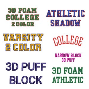 3D foam embroidery close-up showing raised varsity puff lettering on structured snapback cap with detailed stitch texture