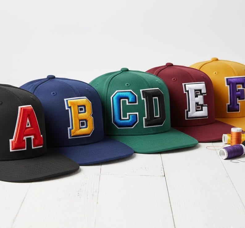 Two color varsity style 3D puff embroidery on cap with bold athletic college lettering in raised foam stitch