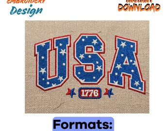 USAバーシティ刺繍デザイン、1776年愛国心あふれるミシン刺繍ファイル、ヴィンテージ独立記念日（デジタルダウンロード）