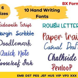 May include: An image showcasing 10 hand-writing fonts in various styles and colors, including Sidewalk Script, Rough Letter, and Paper Trail. The image also highlights 6 font sizes and includes the text "BX Format".