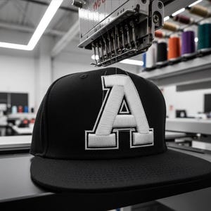 以下が含まれることがあります： 前面に白い刺繍文字「A」が入った黒い野球帽。 つばが平らな帽子は、機械で刺繍されています。 背景には、さまざまな色の糸巻きが表示されています。