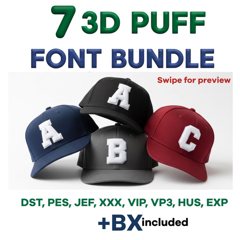 3D puff embroidery font bundle displayed on snapback hats with raised varsity foam lettering in multiple colors for cap embroidery