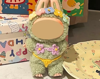 6.7" Kpop Doll Clothes Summer Hula Skirt Costume, 3-Piece Crochet Bikini Grass Skirt Headband Outfit for 15cm 17cm Cotton Plush Doll