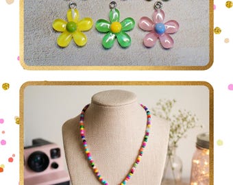 Y2K Flower Necklace for Preteens/Teens- Colorful Seed Bead Choker- Pick your Color Flower Charm