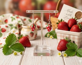Sweet Strawberry Lampwork Dangle Earrings | 14k Silver Plated Jewelry