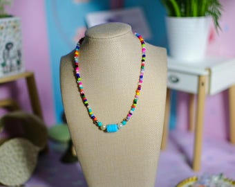 Vibrant Retro Rainbow Beaded Necklace with Turquoise Accent