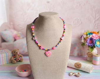 Kids Rainbow Beaded Necklace w/ Silicone Heart Charm