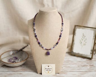 Genuine Gemstone Pendant Necklace- Purple Bead Statement Jewelry