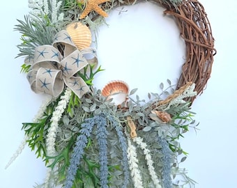 Cascading Seashell Wreath with Driftwood | Asymmetrical Beach House Decor | Modern Nautical Summer Hanger