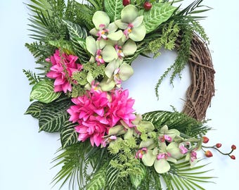 Cascading Tropical Orchid Wreath for Front Door, Pink Floral, Palm and Fern Greenery, Summer Door Decor, Hawaiian Style Wreath