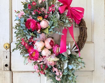 Pink Floral Wreath for Front Door, Spring Summer Wreath with Pink Bow, Blush Flower Wreath, Lush Greenery Door Decor
