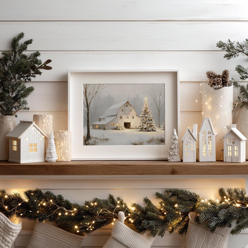 Rustic Christmas Barn Print: Winter Farmhouse Wall Art, Neutral ...