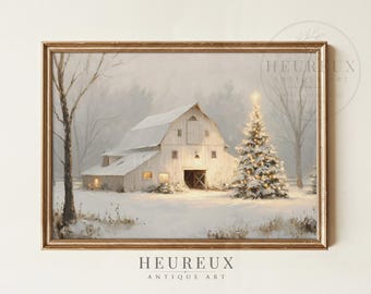 May include: A framed landscape painting depicting a white barn covered in snow during winter. A large, illuminated Christmas tree stands to the right of the barn. The scene features bare trees, a snowy ground, and soft lighting. The text HEUREUX ANTIQUE ART is visible.