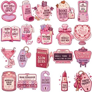 May include: A collection of pink-themed stickers featuring various illustrations including a heart-shaped compact, an inhaler, a piggy bank, a mug, a flip phone, an open book, an IV bag, a pill bottle, a perfume bottle, a cake, a cocktail, a motel keychain, a matchbox, a sign, a candle, a pill organizer, a door hanger, a lipstick, and a key tag, all with text related to reading.