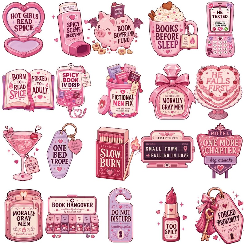 May include: A collection of pink-themed stickers featuring various illustrations including a heart-shaped compact, an inhaler, a piggy bank, a mug, a flip phone, an open book, an IV bag, a pill bottle, a perfume bottle, a cake, a cocktail, a motel keychain, a matchbox, a sign, a candle, a pill organizer, a door hanger, a lipstick, and a key tag, all with text related to reading.