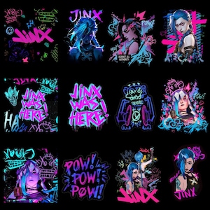 May include: A collection of neon-style stickers featuring the character Jinx from the video game League of Legends. The stickers showcase Jinx in various poses with graffiti-style text and vibrant pink, blue, and green colors against a black background.
