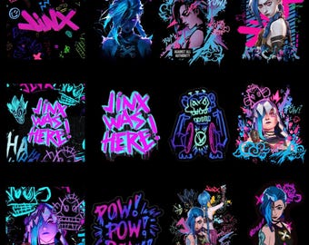 May include: A collection of neon-style stickers featuring the character Jinx from the video game League of Legends. The stickers showcase Jinx in various poses with graffiti-style text and vibrant pink, blue, and green colors against a black background.