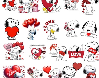 May include: A collection of Snoopy character graphics in various poses, holding hearts, flowers, and balloons. Some images include text such as "Love is in the Air" and "Will you be my Valentine?" The color palette is primarily red, white, and black.