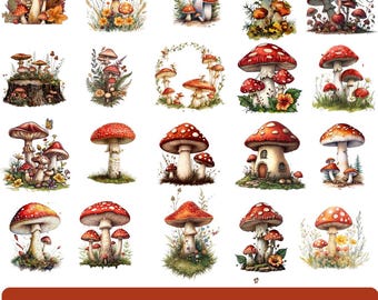 Watercolor Mushroom Clipart Bundle, Magical Forest Toadstool Graphics (Digital Download)