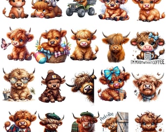 Vaca de las Tierras Altas Bebé: Imágenes PNG de animales de granja rústicos (Descarga digital)