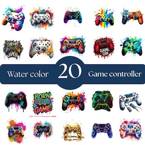 Op de afbeelding: Een verzameling van 20 aquarel game controller ontwerpen in verschillende kleuren. Elke controller heeft een unieke kleurensplash, met sommige tekst zoals "Game Over" en "Born to Game". De tekst "Water color 20 Game controller" is ook aanwezig.
