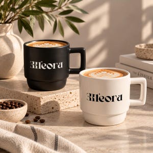 May include: Two stackable ceramic mugs, one matte black with white text and one matte white with black text, both featuring the word "Kleora" in a stylised font. Each mug is filled with coffee topped with a heart-shaped latte art design.