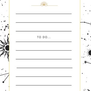Puede incluir: Un planificador semanal blanco y dorado con un tema celestial. El planificador presenta el texto "THIS WEEK'S PRIORITIES" y "TO DO..." con secciones rayadas para notas. El fondo está decorado con constelaciones, estrellas e ilustraciones de sol y luna.