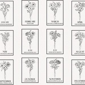 May include: A set of twelve black and white floral art prints, each representing a month of the year. Each print features a detailed line drawing of a bouquet with the month and flower names. The prints are displayed on a textured, off-white background.