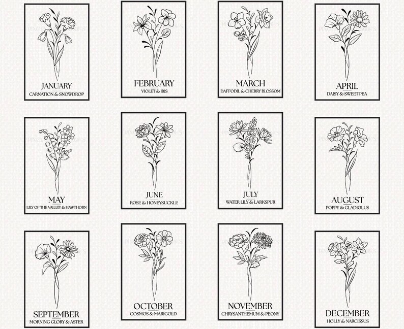 May include: A set of twelve black and white floral art prints, each representing a month of the year. Each print features a detailed line drawing of a bouquet with the month and flower names. The prints are displayed on a textured, off-white background.