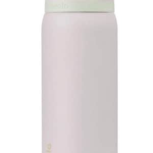 May include: A pastel-colored Owala water bottle. The bottle is primarily a light pink with a white body. The lid is a combination of pink, gray, and green. The bottle has a flip-top lid and a handle. The word "owala" is printed on the bottle.