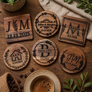 May include: A collection of personalized wooden coasters with engraved initials, dates, and names. The coasters are square and round, featuring various designs, including a house, laurel wreaths, and decorative fonts. A cup of coffee and coffee beans are also in the image.