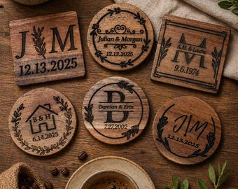 Personalized Wooden Coasters | Custom Engraved Wedding Favors, Monogram Gift