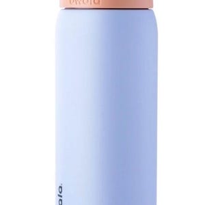 May include: A light blue Owala water bottle with a teal and brown lid. The bottle has a peach-colored band around the middle and the word "owala" is printed on the bottle. The bottle is designed to keep drinks cold.