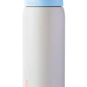 May include: A white Owala water bottle with a pastel color scheme. The lid is light blue, pink, and yellow. The Owala logo is printed in orange on the side of the bottle. This insulated bottle is designed for hydration.