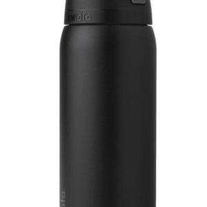 May include: A black Owala insulated water bottle with a flip-top lid. The bottle has a sleek, cylindrical design and features the Owala logo on the side. The lid has a built-in handle for easy carrying.