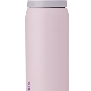 May include: A light pink Owala water bottle with a gray and white lid and a tan handle. The bottle has a cylindrical shape and the brand name is printed in purple on the side.