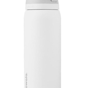 May include: White insulated water bottle with a gray lid and handle. The bottle has a sleek, cylindrical design and features the brand name "owala" printed vertically on the side. The lid has a flip-top design for easy access to the contents.