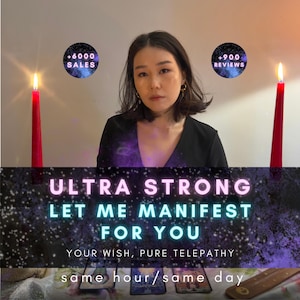 May include: A person in a black top positioned between two lit red candles. Text overlays include +6000 SALES, +900 REVIEWS, ULTRA STRONG LET ME MANIFEST FOR YOU, YOUR WISH, PURE TELEPATHY, and same hour/same day. Three tarot cards are visible at the bottom.