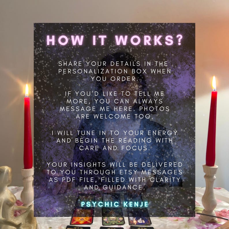 May include: A digital informational graphic with a dark, starry background featuring the text HOW IT WORKS? followed by instructions for a psychic reading service. Two red candles in white holders flank the text, with tarot cards visible below.