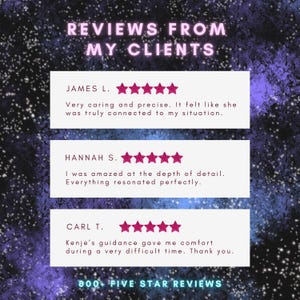 May include: A graphic display titled REVIEWS FROM MY CLIENTS against a dark purple and black starry background. It features three white rectangular boxes with five-star ratings and testimonials from James L., Hannah S., and Carl T. Text reads 800+ FIVE STAR REVIEWS.