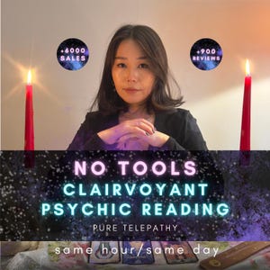 May include: A person with dark hair wearing a black top, positioned between two tall red candles. Text overlays include +6000 SALES, +900 REVIEWS, NO TOOLS CLAIRVOYANT PSYCHIC READING, PURE TELEPATHY, and same hour/same day. Three tarot cards are visible below.